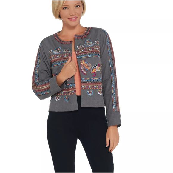 Laurie Felt 100% Cotton Bohemian Floral Embroidered Blazer Jacket - Picture 1 of 14